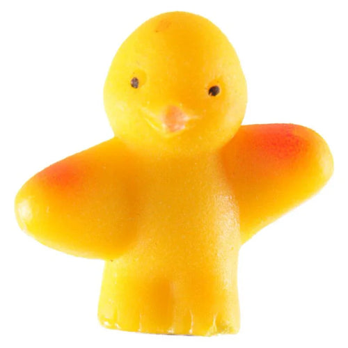 Close-up front view of a yellow hatching chicken toy, featuring black dot eyes, an orange beak, and outstretched wings with orange tips, on a white background.