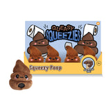 Angled view of a brown, poop-shaped fidget toy with an embroidered smiling face and a dark circular base, displayed in front of its product box. The light blue display box is illustrated with cartoon poop characters and toilet rolls, holding multiple identical fidget toys. Visible text on the box includes 'Squeezy Poop' and a 'Squeeze Me!' graphic along with a 0+ age rating.