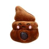 Front view of a brown plush poop fidget toy with an embroidered smiling face, pink cheeks, and a black speckled ball visible through a circular opening.