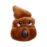 Front view of a brown plush poop fidget toy, featuring embroidered black eyes, a small smile, pink cheeks, and a visible black spotted stress ball inside.