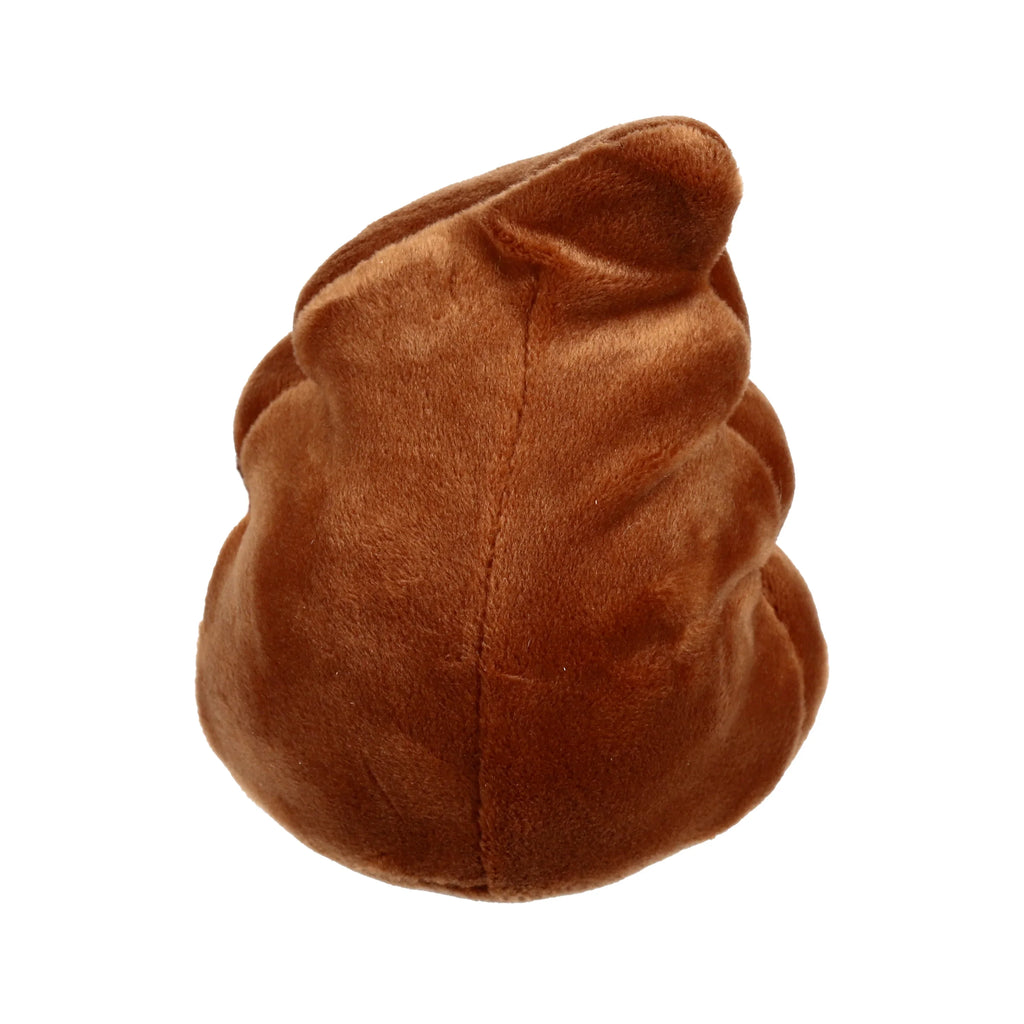 Angled view of a brown plush poop fidget toy, showing its soft, swirled form.