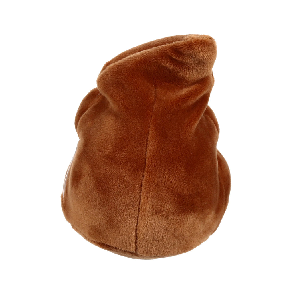 Brown plush poop fidget toy, angled view, showing its soft texture and visible seam.