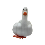 Front view of a white stretchy duck fidget toy with black eyes, an orange beak, and orange webbed feet, featuring a distinctive single, raised body shape.