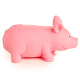 Side view of a pink stretchy squeezy kids pig toy, featuring small black eyes, upright ears, and a curly tail.