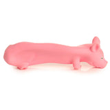 Pink elongated Stretchy Squeezy Pig toy, side view.
