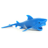 Blue Fun Kids Stretchy Squeezy Shark toy, side profile, showing its open mouth with pointed teeth, dark eye, and fins.