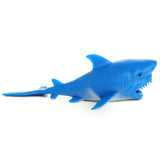Blue stretchy squeezy shark toy, side view, with open mouth and visible teeth.