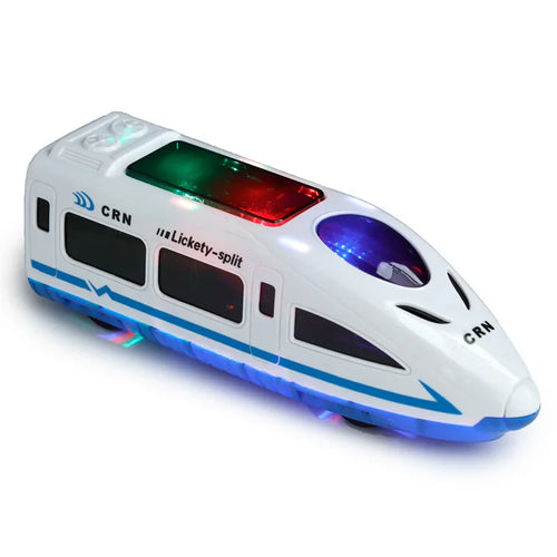 Angled front view of a white high-speed toy train for kids, illuminated with red, green, and blue lights, and blue stripe details.