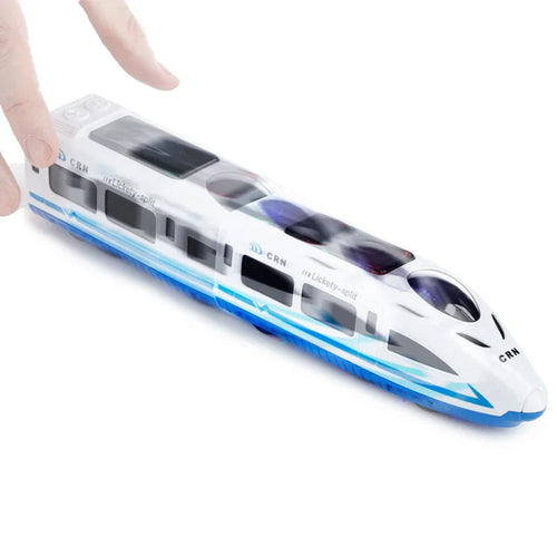 Action shot of a white and blue kids' high-speed toy train with a hand pressing its top, displayed on a white background.