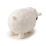 Angled view of a white squeezy sheep toy, featuring embossed spiral wool texture, a small tail, and partially visible black head.