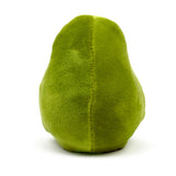 Velvety green avocado fidget toy, featuring its soft texture and prominent central seam, against a white background.