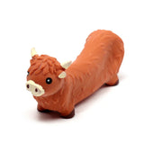 Front angled view of an orange-brown Highland Coo stretchy fidget toy with textured fur.