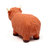 Rear view of a textured orange-brown Highland Coo stretchy fidget toy with light horns and dark feet, on a white background.