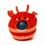 Front view of a red and orange striped plush lobster fidget toy featuring a visible blue squishy ball.