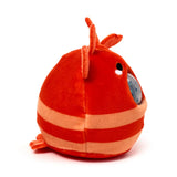Side view of a red and light orange striped plush lobster fidget toy. It features small antennae, eyes, and a blue polka-dotted ball protruding from its side.