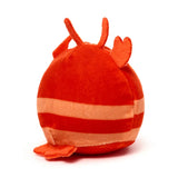 Angled rear view of a round, red and orange horizontal striped plush lobster fidget toy.