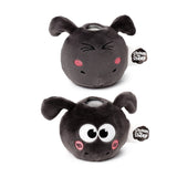 Front view of two grey plush sheep fidget toys on a white background, each with small ears and pink cheeks. The top toy has embroidered squinting eyes, while the bottom toy has large embroidered wide eyes. Both feature a visible Shaun the Sheep tag.