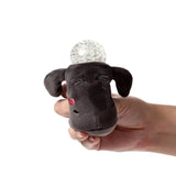 In-hand front view of a dark grey Shaun the Sheep fidget toy with a clear bubbly squishy top and a small red cheek mark.