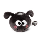 Front view of a cute dark grey Shaun the Sheep plush fidget toy, with large white eyes, pink embroidered cheeks, small nose details, and a white character tag visible on the side.