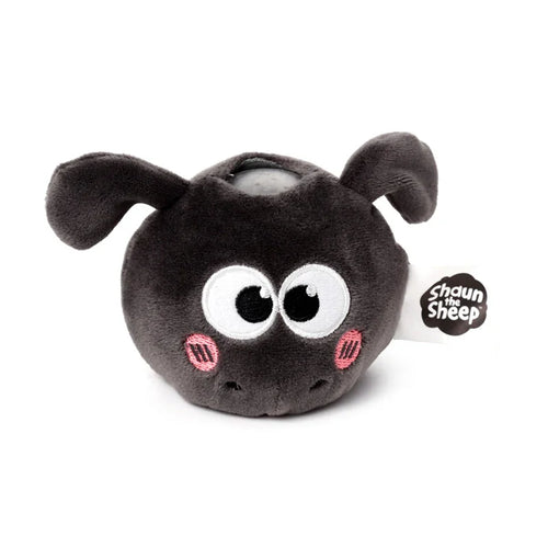 Front view of a round, dark grey plush fidget toy shaped like Shaun the Sheep's head, with large white eyes, black pupils, and pink embroidered blush on its cheeks.
