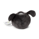 Side view of a dark grey plush Shaun the Sheep squeezie fidget toy with floppy ears, on a white background.