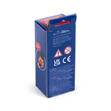 Angled view of a blue fidget toy packaging box showing warning labels and a 'Stretchy' graphic, with a red Guardsman toy partially visible inside.