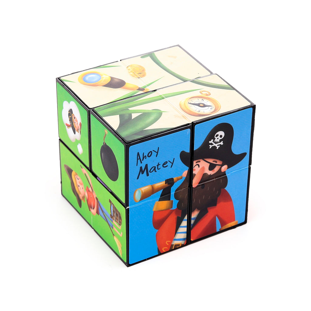 Angled view of a pirate puzzle cube toy, depicting a cartoon pirate with a spyglass and 'Ahoy Matey' text on a blue panel, alongside other panels showing a skull and crossbones, a compass, and a bomb design.