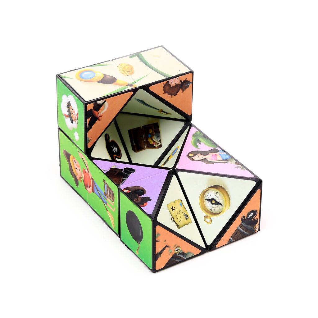 Angled view of a multi-coloured puzzle cube toy, featuring pirate-themed illustrations including a treasure map, compass, and a pirate with a skull emblem on its various surfaces, set against a white background.