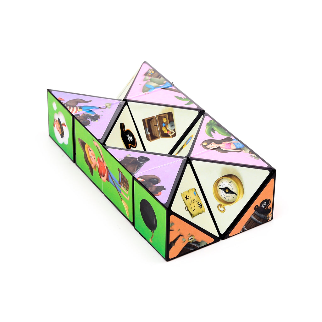 Angled view of a Jolly Rogers pirate puzzle cube toy, folded into a zigzag formation, showcasing colourful illustrations including a treasure chest, compass, treasure map, and pirate characters.
