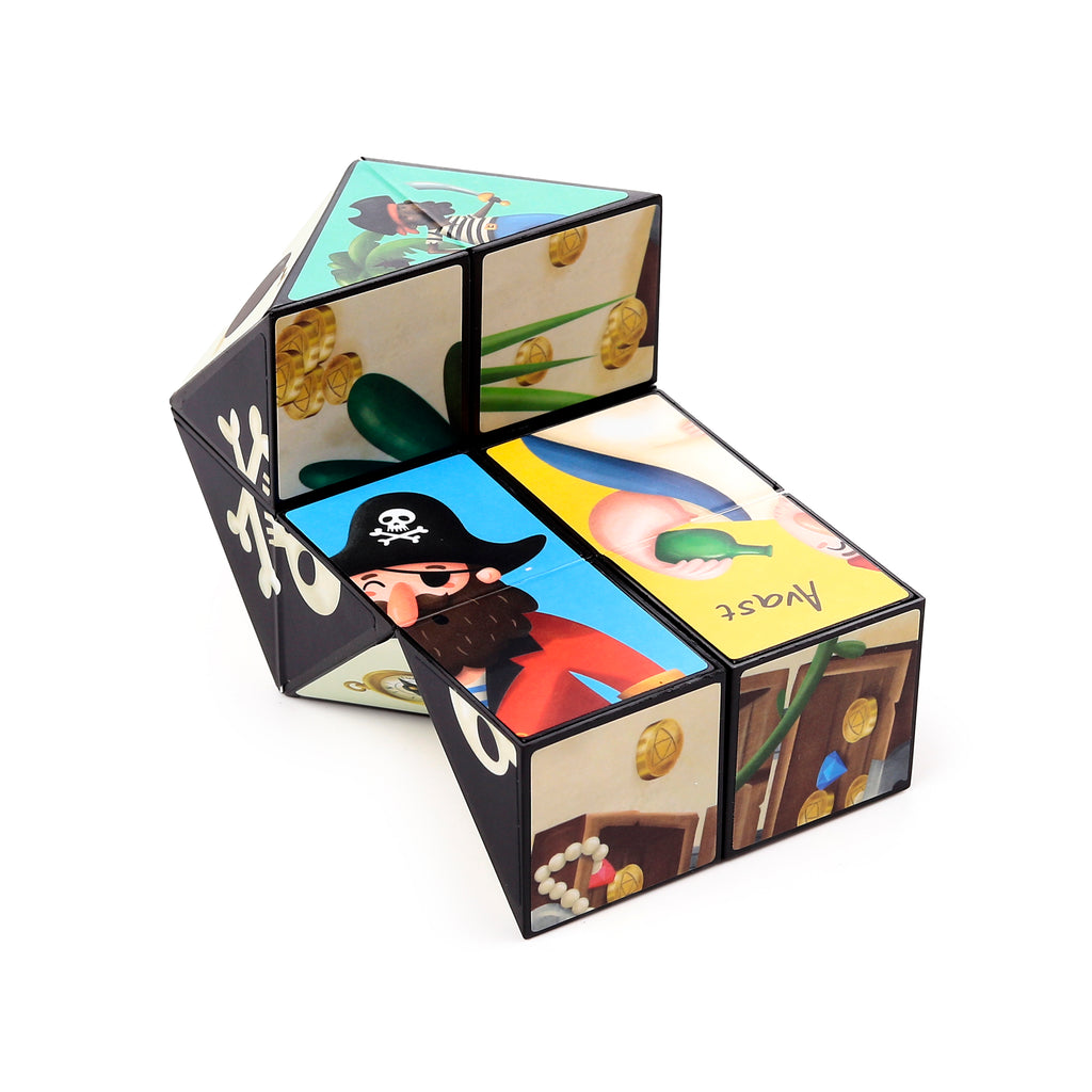 Angled view of a pirate-themed puzzle cube toy, twisted to reveal colourful illustrations including a Jolly Roger skull and crossbones, a pirate with an eye patch, and gold coins.