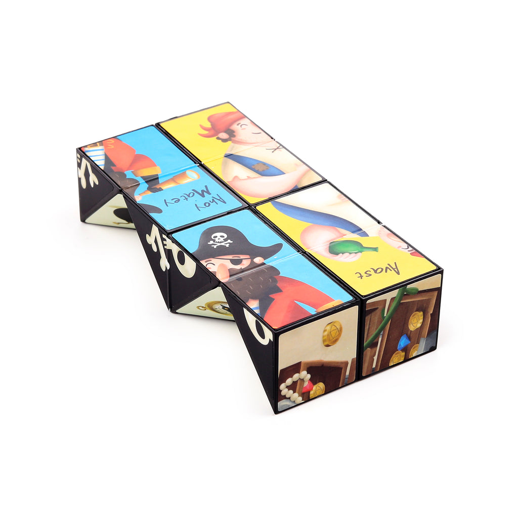Angled view of a partially unfolded Jolly Rogers pirate puzzle cube toy, featuring colourful illustrations of pirates, a spyglass, a treasure chest, and the words Ahoy Matey.