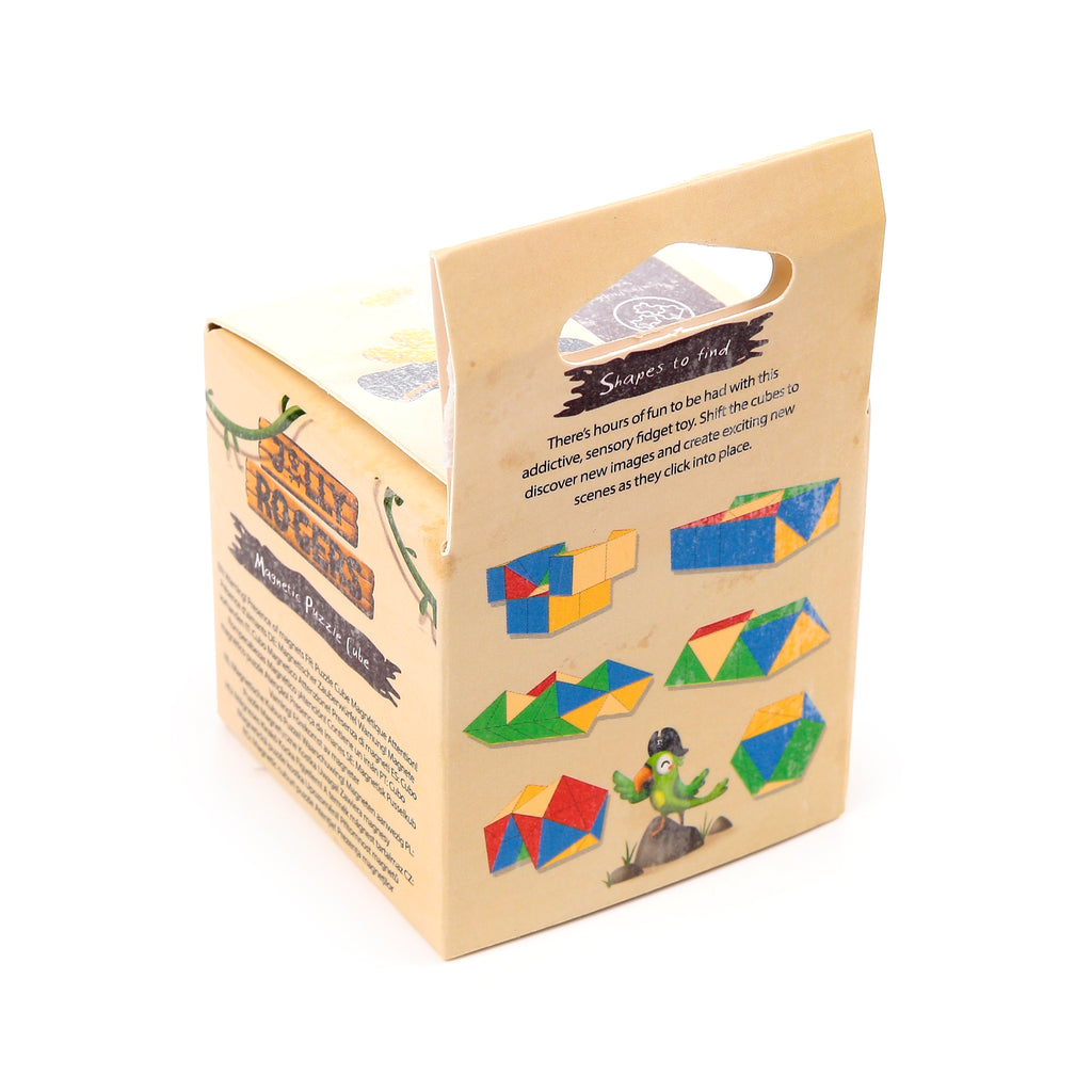 Angled view of a brown cardboard package for a Jolly Rogers Pirate puzzle cube toy, displaying colourful geometric shapes, a green parrot in a pirate hat, 'Shapes to find' text, and a top handle.
