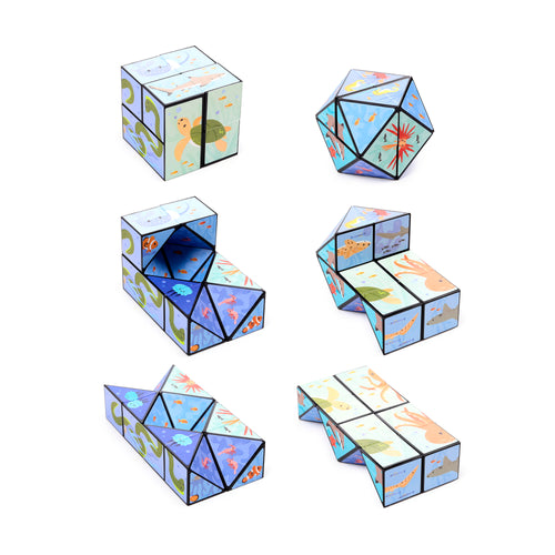 Multiple angled views of a Mariniverse puzzle cube toy, transforming into various shapes and showcasing colourful ocean creature designs including sharks, turtles, and jellyfish.