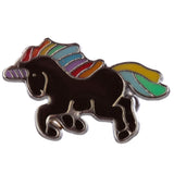 Close-up of a unicorn mood ring, depicting a dark unicorn with a rainbow-coloured mane, tail, and horn, outlined in silver-tone metal.