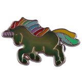 Close-up of a unicorn mood ring featuring an olive green, colour-changing body with a rainbow-striped mane, tail, and horn, all edged in silver-coloured metal.