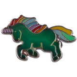 Close-up of an iridescent green unicorn mood ring with purple horn and rainbow-coloured mane and tail.