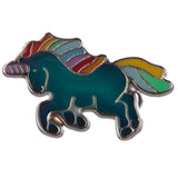 Close-up side profile of a teal unicorn mood ring with a purple horn and rainbow-coloured mane and tail.
