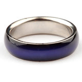 Close-up view of a mood ring, featuring a deep blue glossy outer band and a silver-toned metallic inner band, displayed on a plain white background.