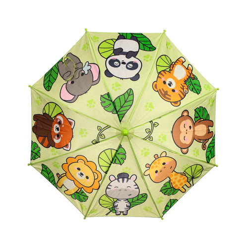 Top-down view of a kids' umbrella, with a wild animal print featuring a panda, tiger, monkey, giraffe, zebra, lion, red panda, and elephant on a light green canopy, accented with leaves and paw prints.
