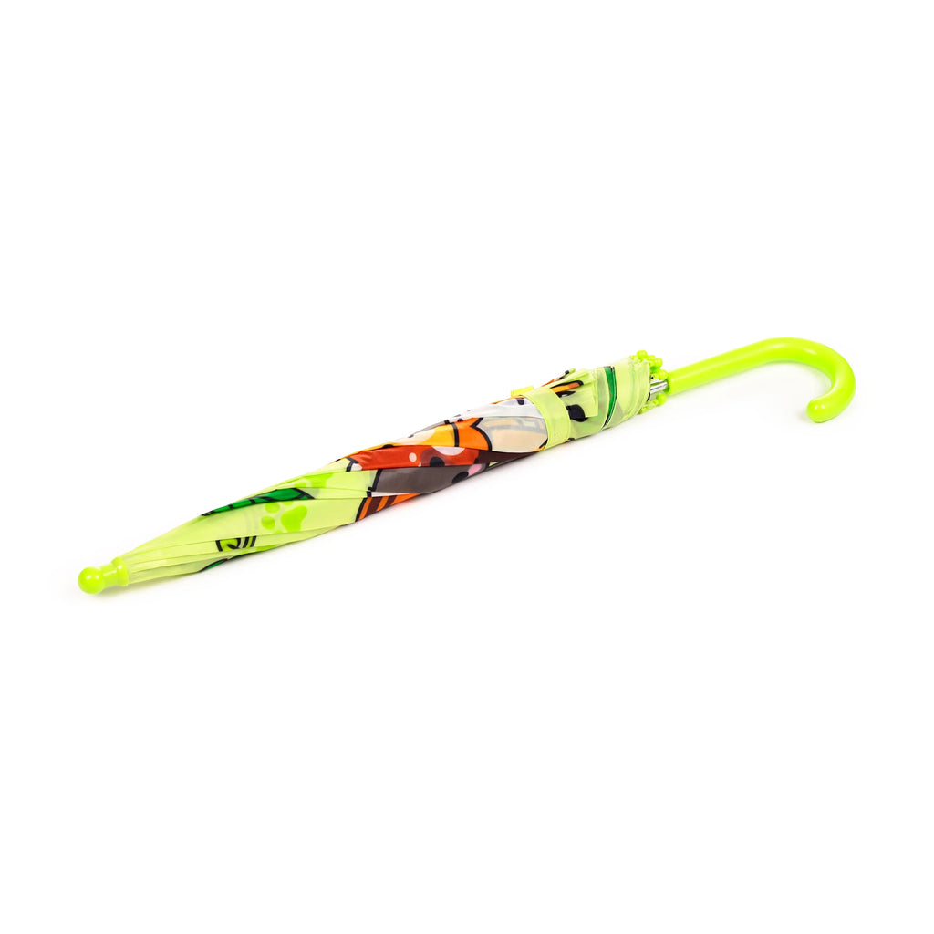 Angled view of a closed children's umbrella featuring a colourful wild animal pattern on a lime green background, with a matching curved handle.