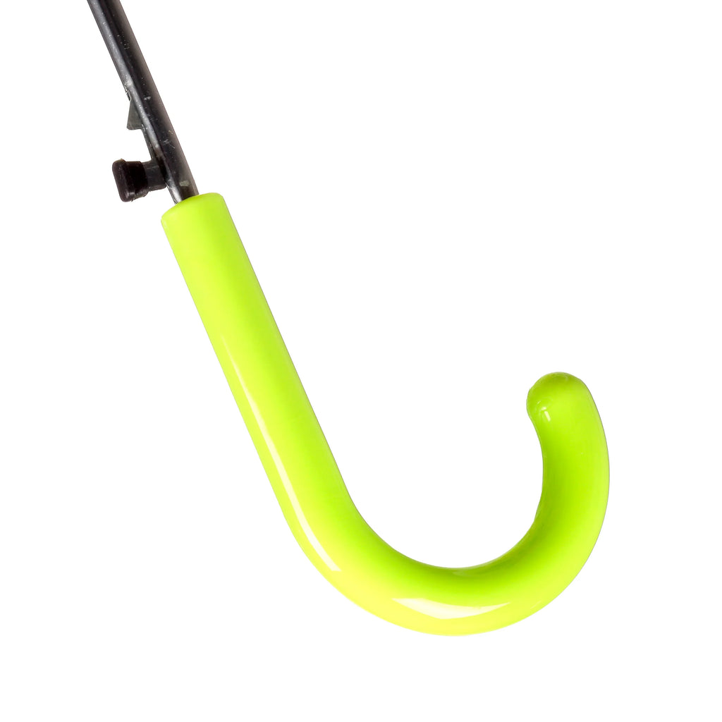 Close-up of the bright lime green, curved handle of a kids umbrella, with a portion of the black shaft visible.