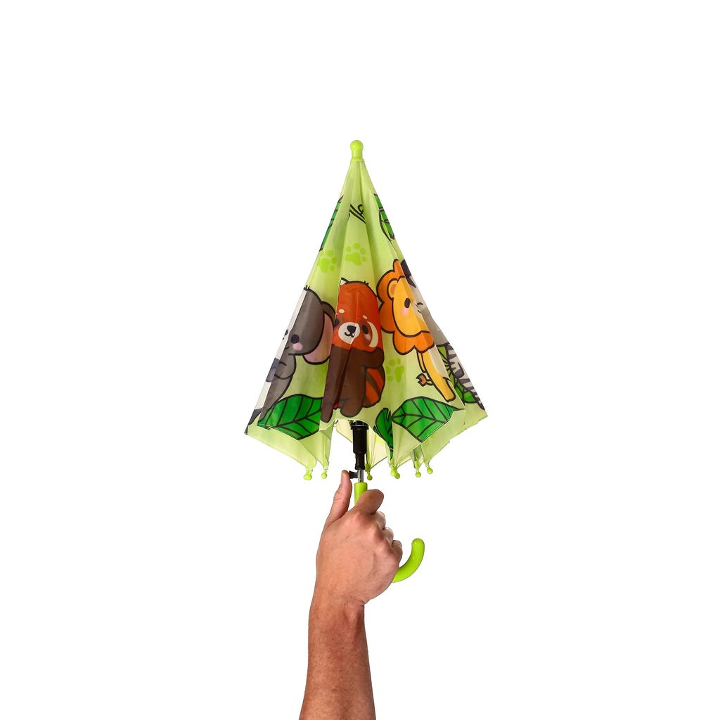 Lime green kids umbrella with colourful cartoon wild animal print, including a lion, red panda, and elephant, held by a hand, showing its partially closed canopy and green hooked handle.