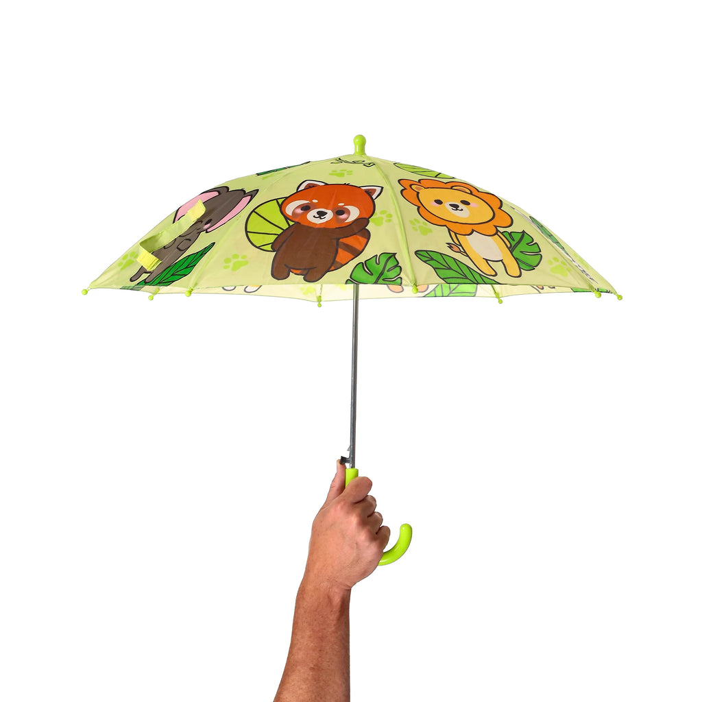 Angled view of a light green children's umbrella, held open by a hand, featuring cartoon wild animals including a red panda and a lion, with a bright green handle.