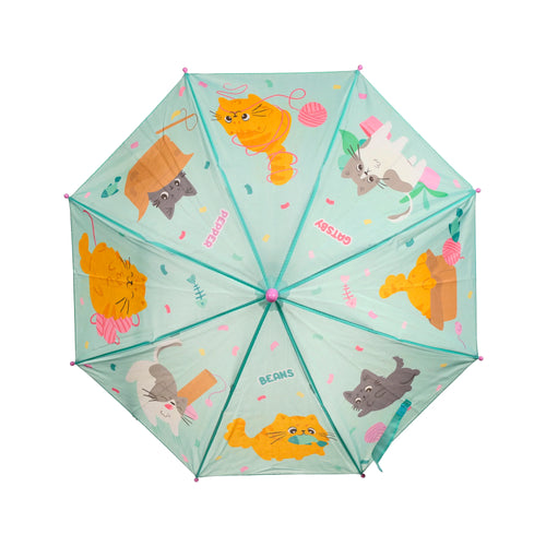 Kids umbrella with a light turquoise canopy, viewed from above, featuring colourful cartoon illustrations of orange, grey, and white cats, including those named Pepper, Gatsby, and Beans, depicted playing with yarn and fish.