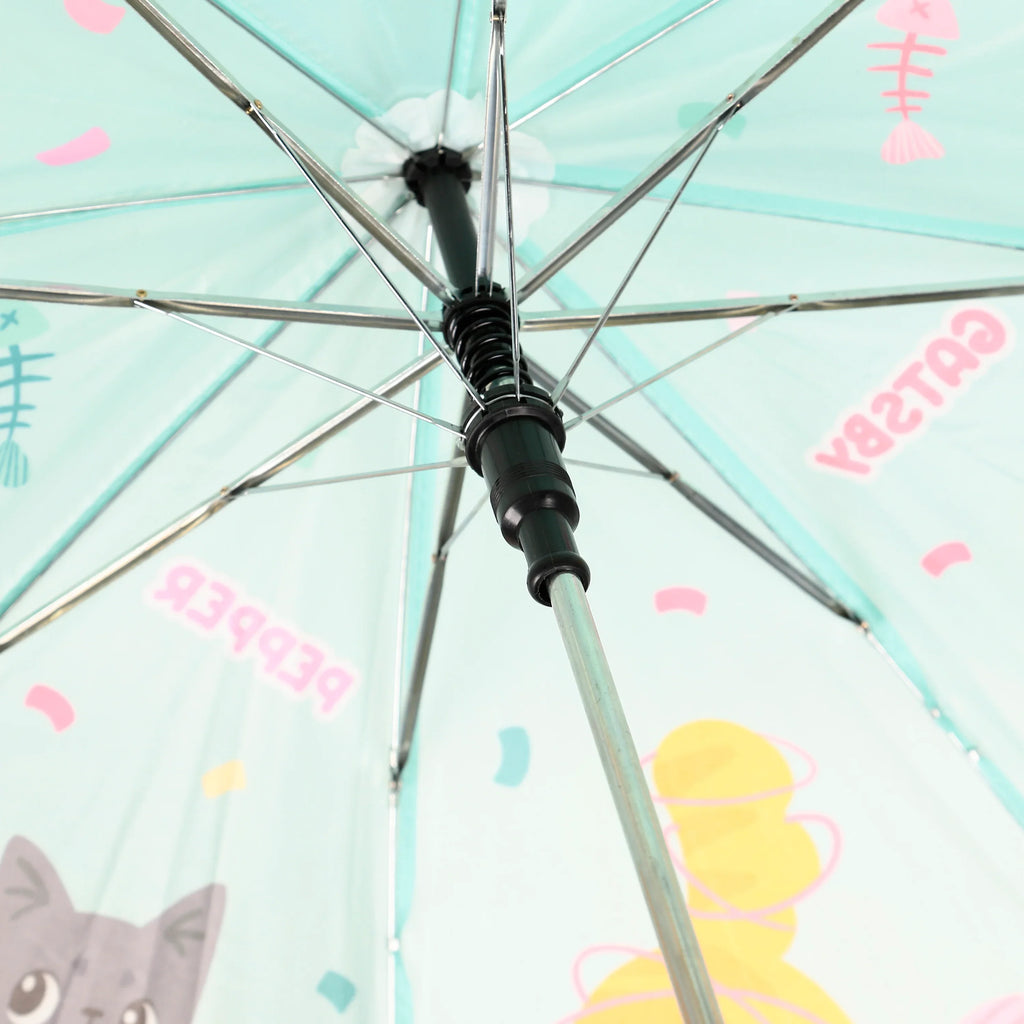 Underside view of a kids umbrella, showing the translucent light blue canopy with a cat, fish bone, and abstract shapes print, and its internal metal frame and central shaft.