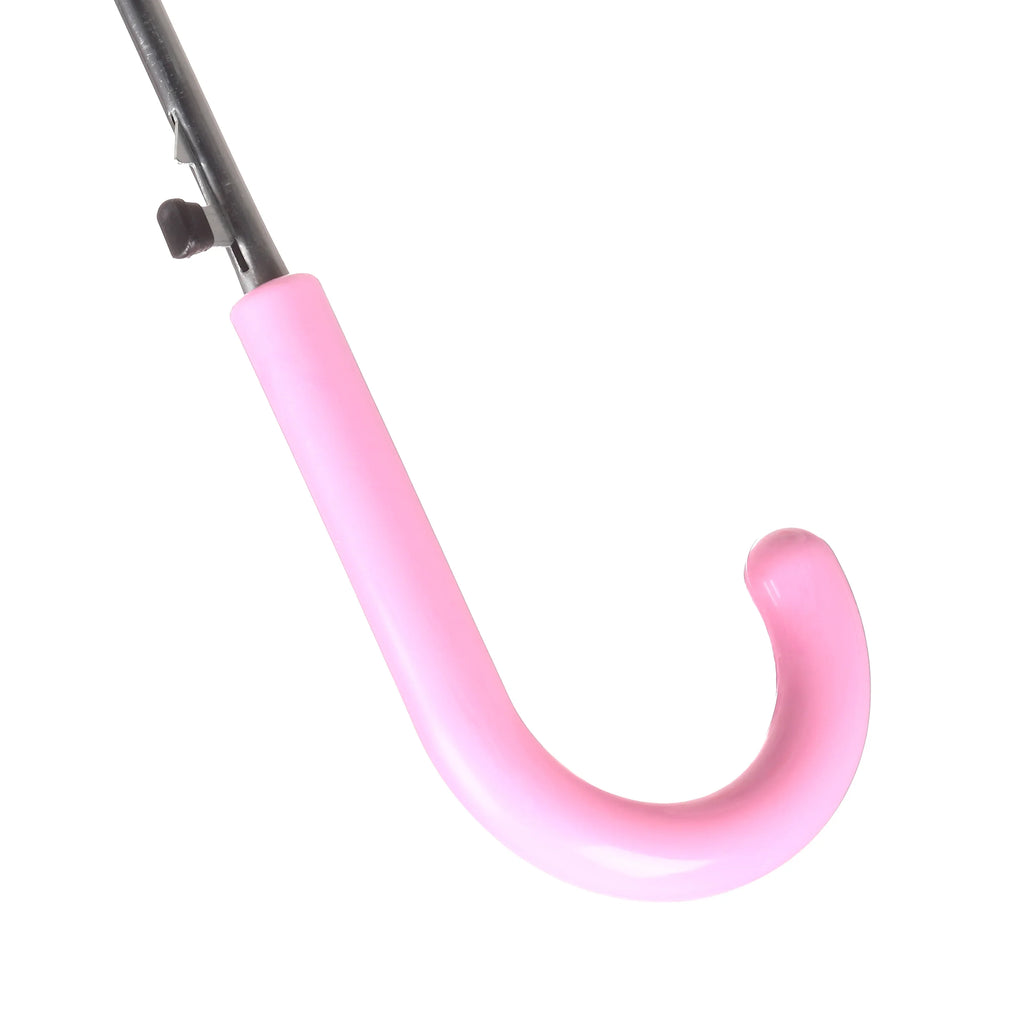 Close-up of a kids' umbrella handle, featuring a pink J-shape.