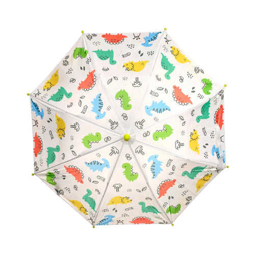 Top-down view of a white kids' umbrella, featuring a bright multicoloured cartoon dinosaur pattern in red, green, blue, and yellow, with black outline illustrations of foliage and eggs.