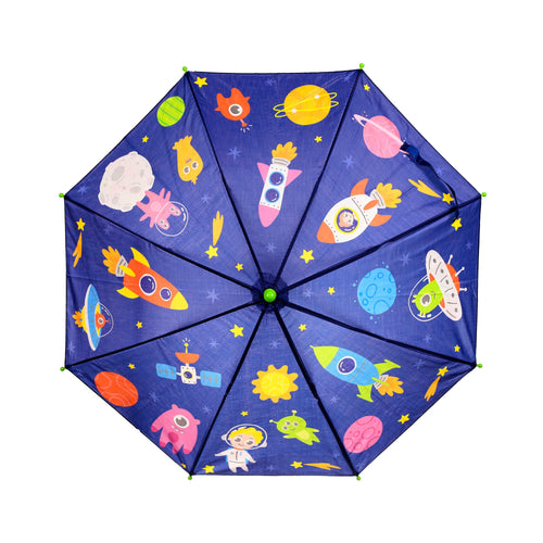 Top-down view of a kids' blue umbrella, open and displaying a colourful space cadet pattern with rockets, planets, astronauts, and aliens.