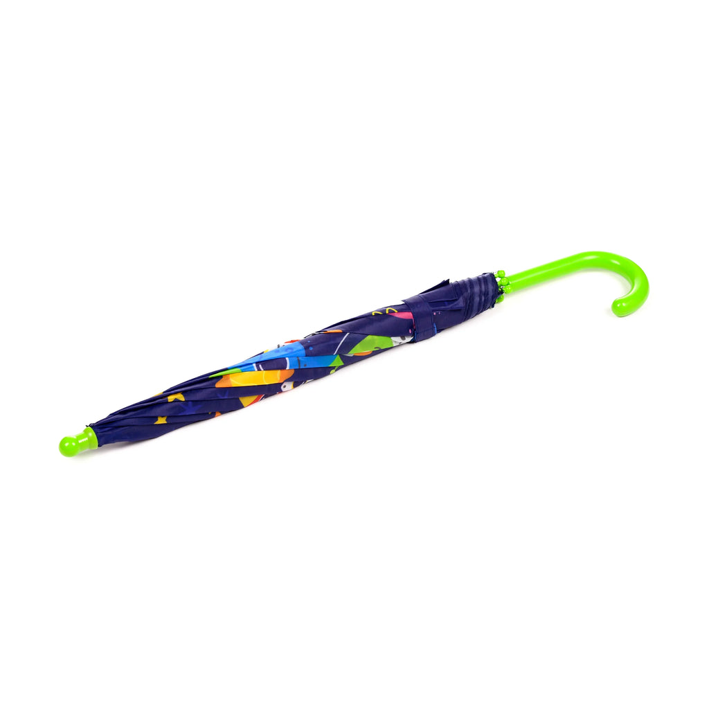 Angled view of a closed kids' umbrella, dark blue with a colourful space-themed pattern, featuring a bright green curved handle and tip.