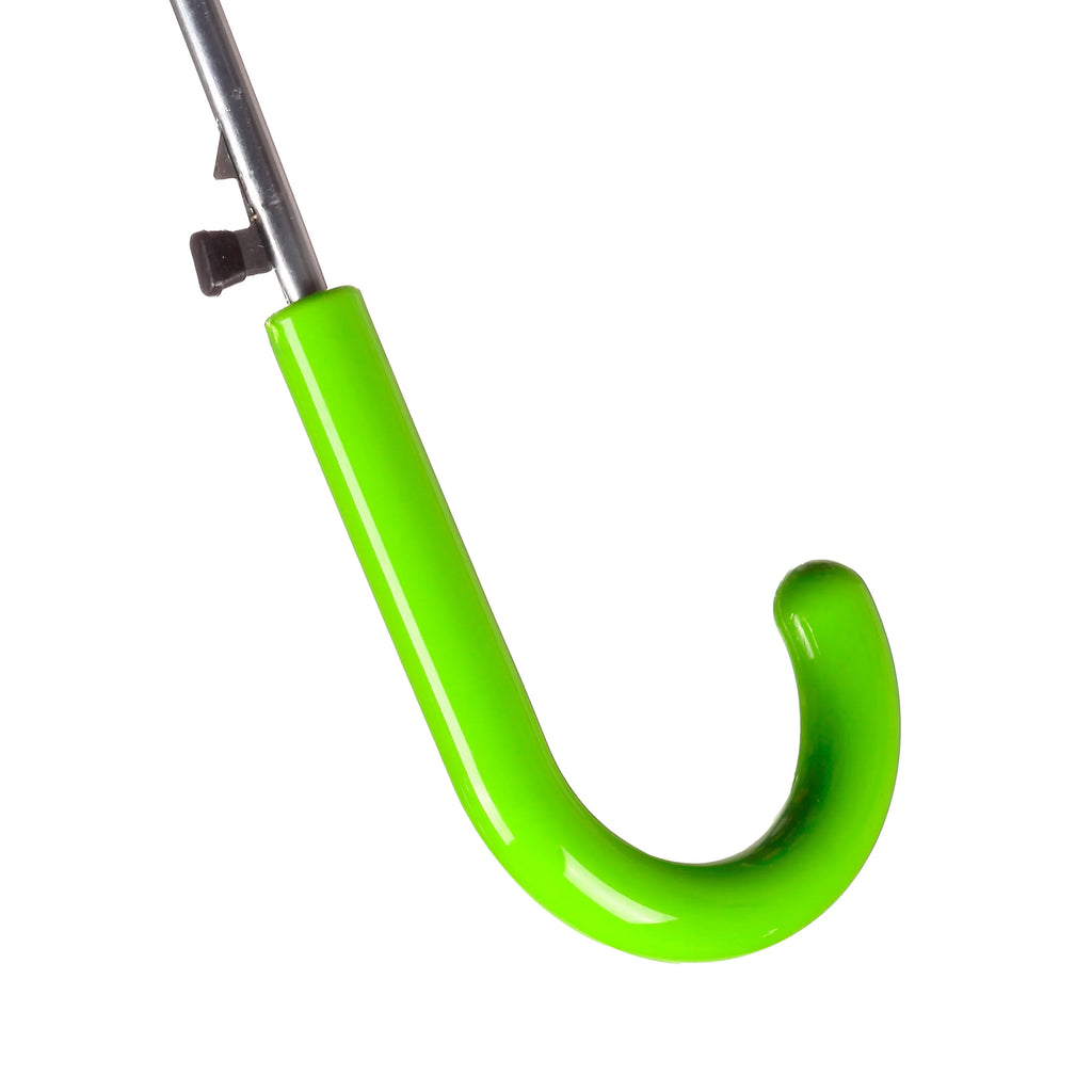 Close-up of a glossy lime green crook handle on a kids' umbrella, with a visible silver shaft.